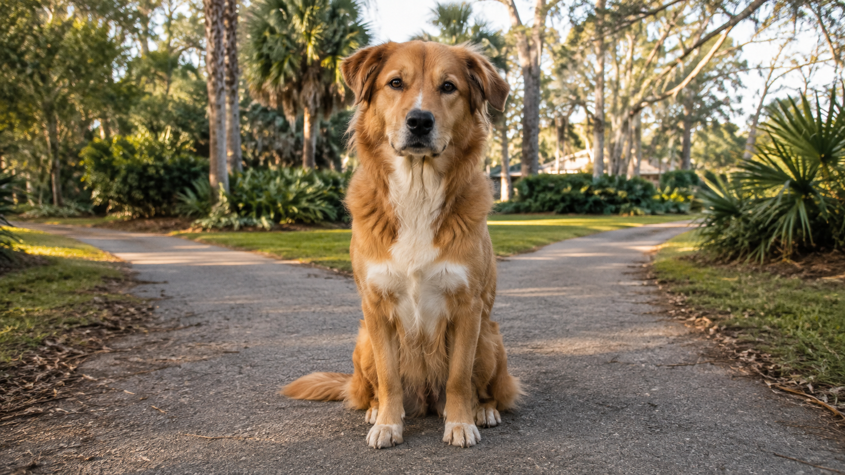 A golden mixed-breed dog sitting at the center of a forked path in a lush Florida park, symbolizing the importance of putting the individual dog ahead of any single training philosophy.