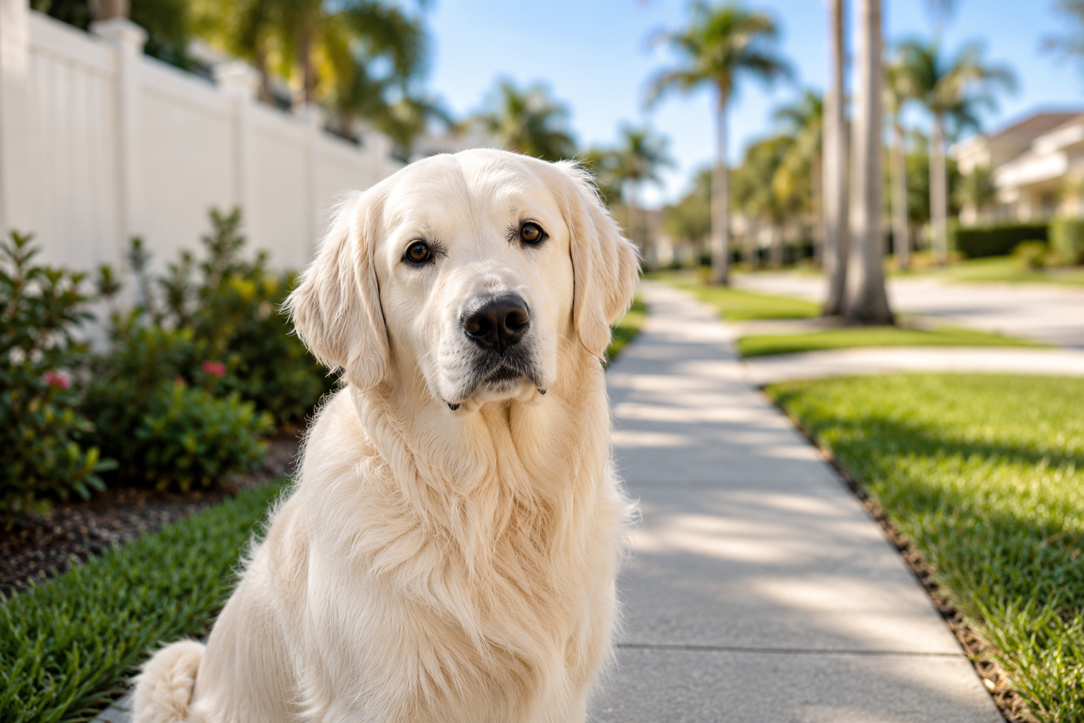 Well-trained English Cream Golden Retriever sitting attentively on a suburban sidewalk during a structured walk in a Florida neighborhood.