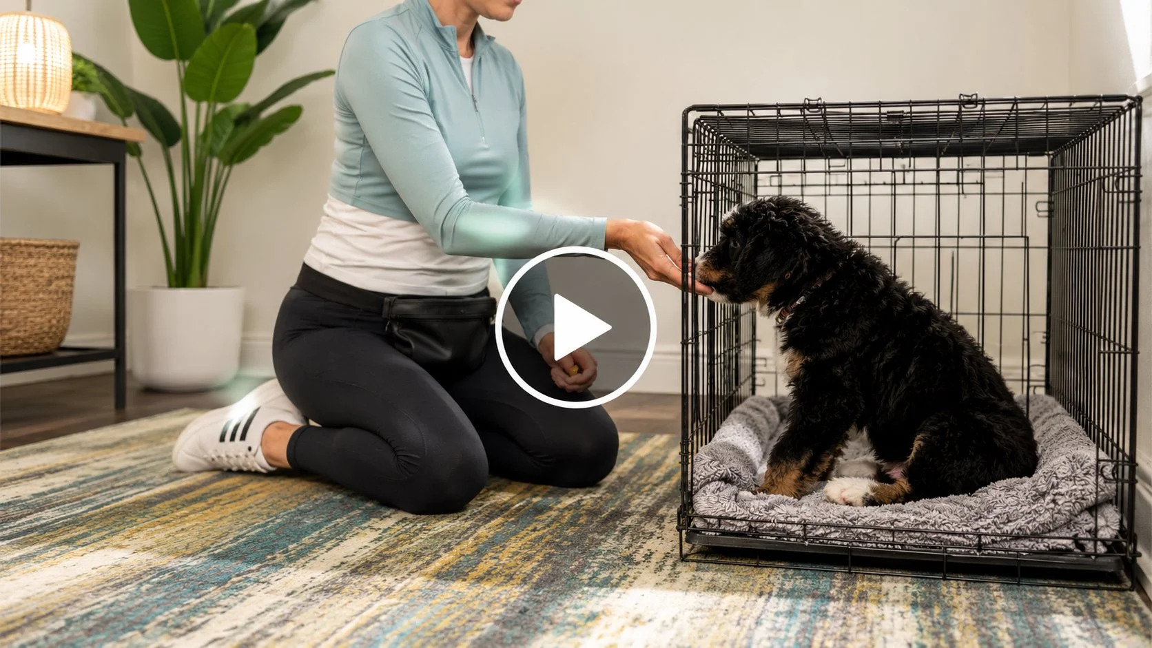 Trainer introducing a puppy to calm crate training and independence exercises.