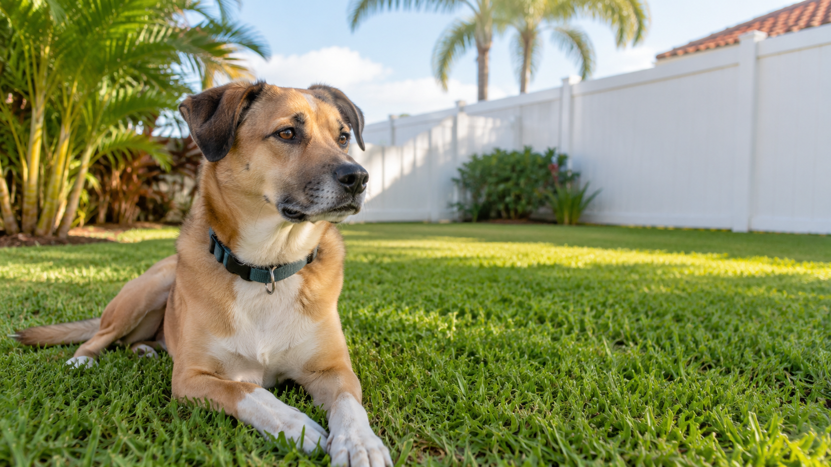 Mixed-breed dog resting calmly in a sunny Florida backyard, illustrating clear leadership, consistent boundaries, and calm communication in dog training.