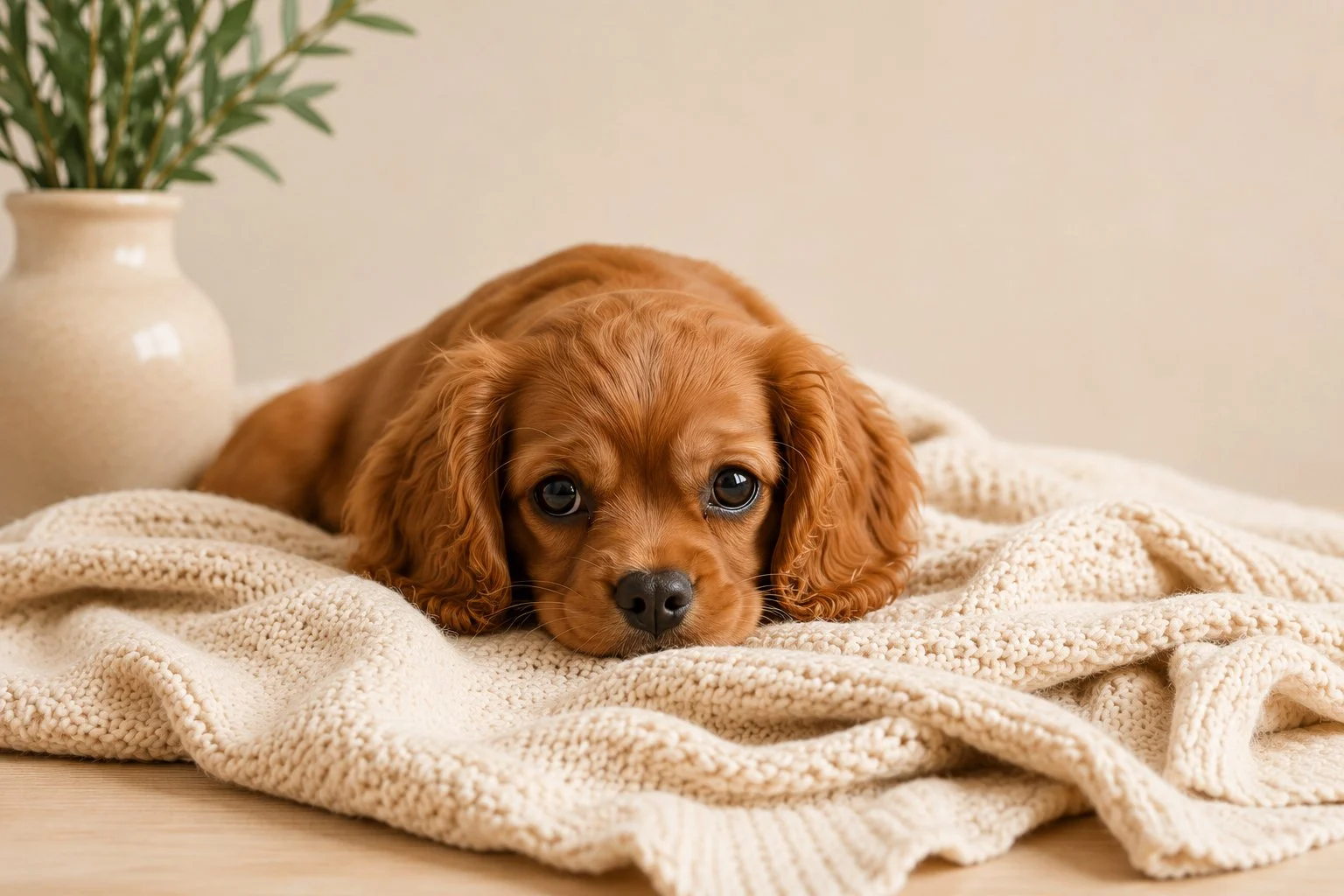 Cavalier King Charles Spaniel puppy resting on a cream blanket.