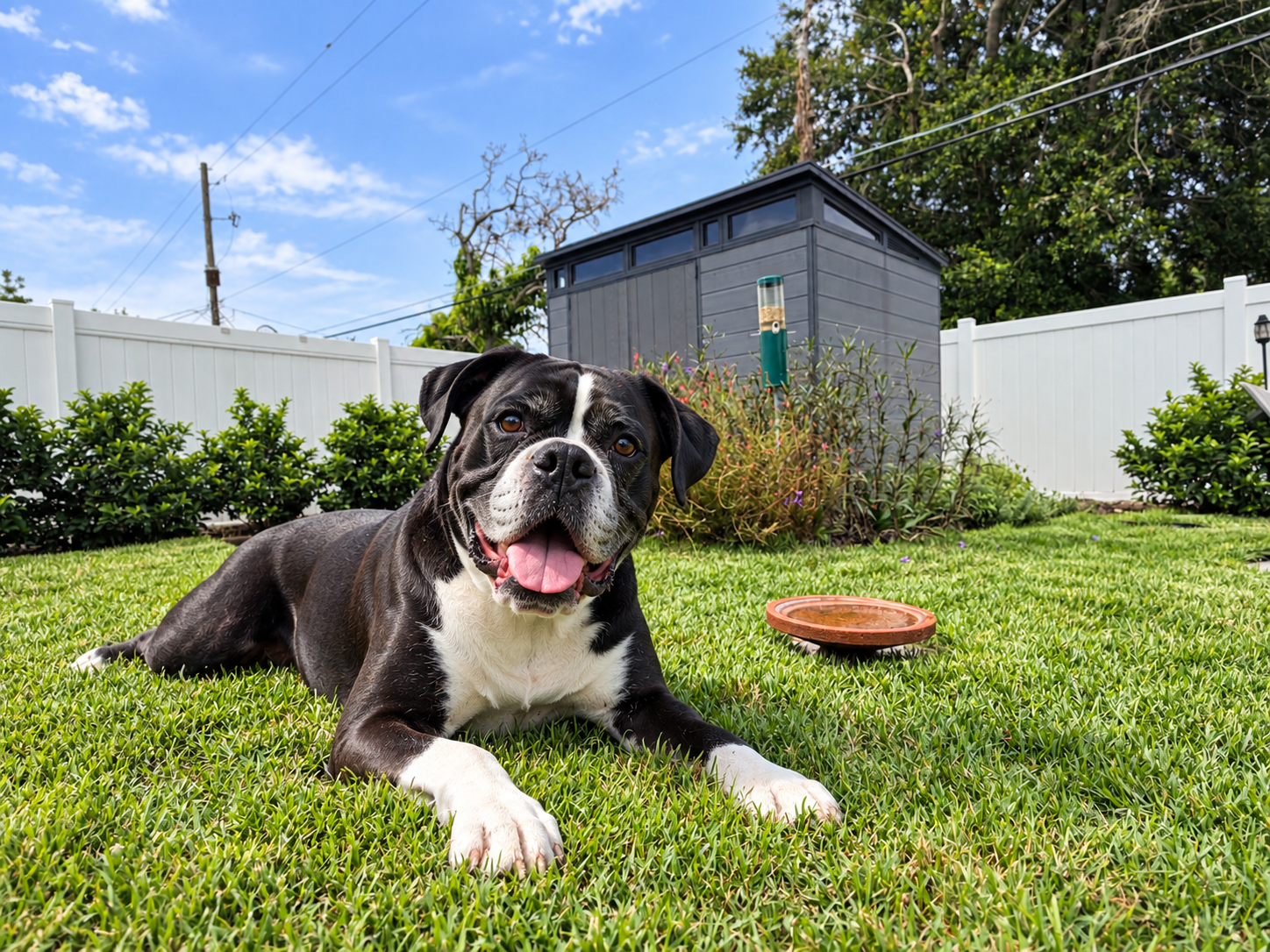 Black and white Boxer lying calmly on green grass in a sunny Florida backyard with a white vinyl fence and gray garden shed.