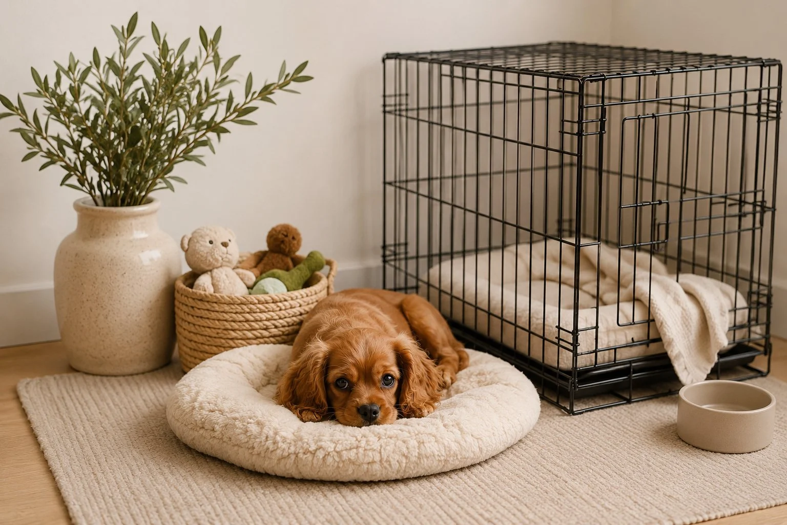 Puppy resting beside a crate in a calm home environment.