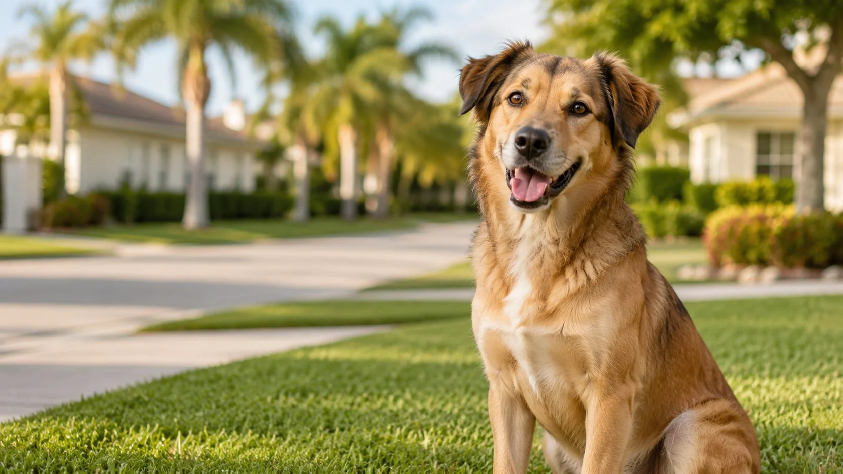 Calm mixed-breed dog sitting in a residential Florida neighborhood, representing the balance of obedience, emotional regulation, and real-world reliability.