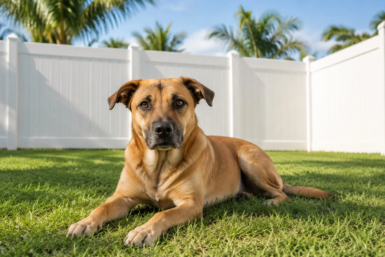 Calm mixed-breed street dog resting on green grass in a sunny Florida backyard with a white vinyl fence, illustrating how confidence is built through structure, consistency, and emotional stability.
