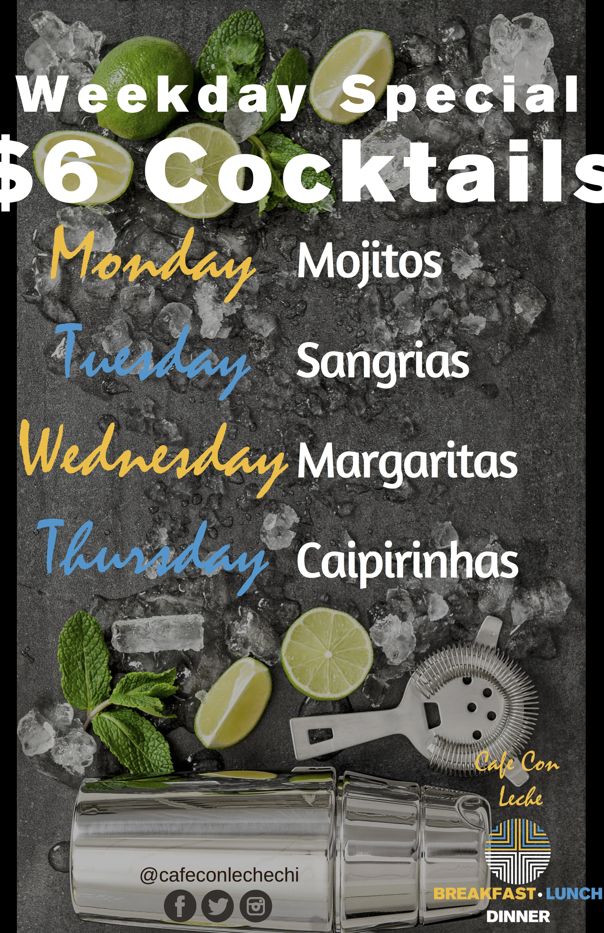 Weekday drink specials in Logan Square, Chicago at Cafe Con Leche, enjoy mojitos, sngrias, margaritas, and caipirinhas.