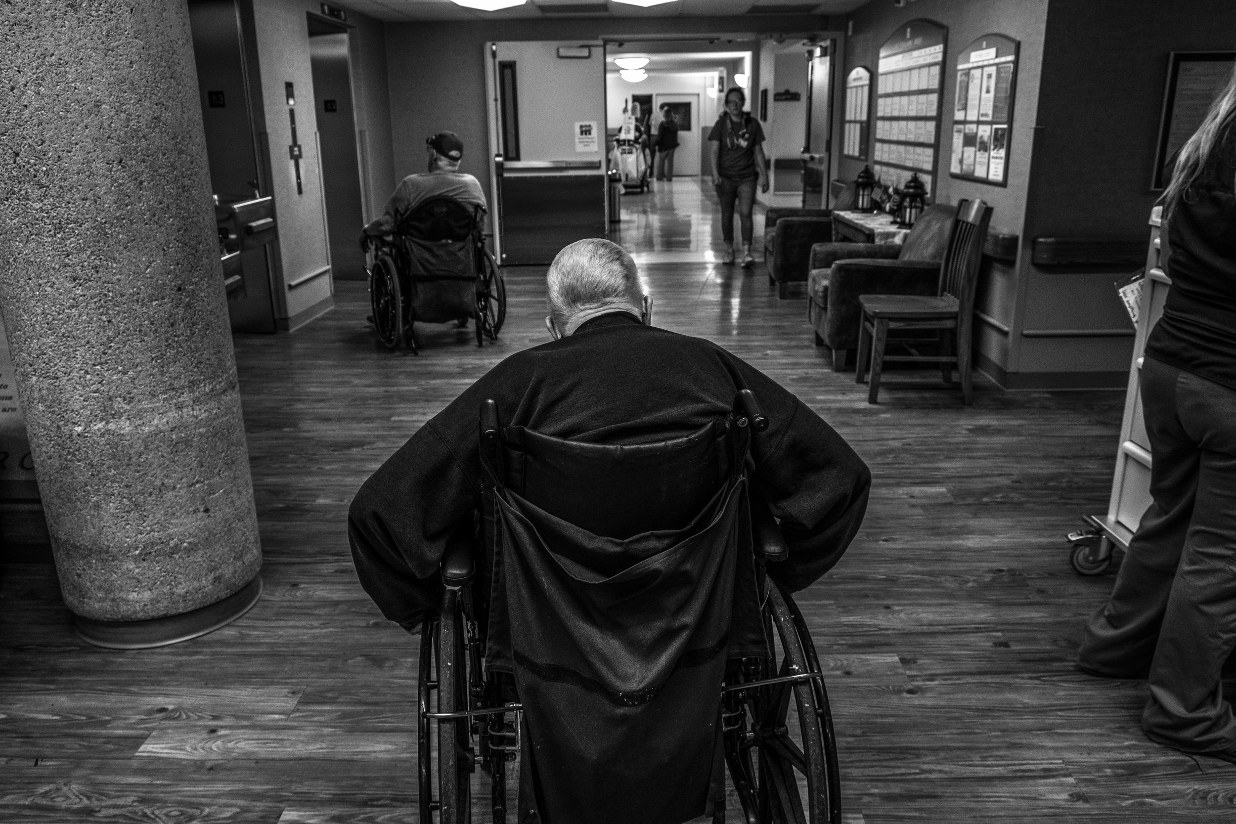  Veterans head to the elevator at the Missouri Veterans Home in Mexico, Missouri on Friday, Jun. 21, 2019. The Missouri Veterans home cares for 150 veterans from all branches of the military. 