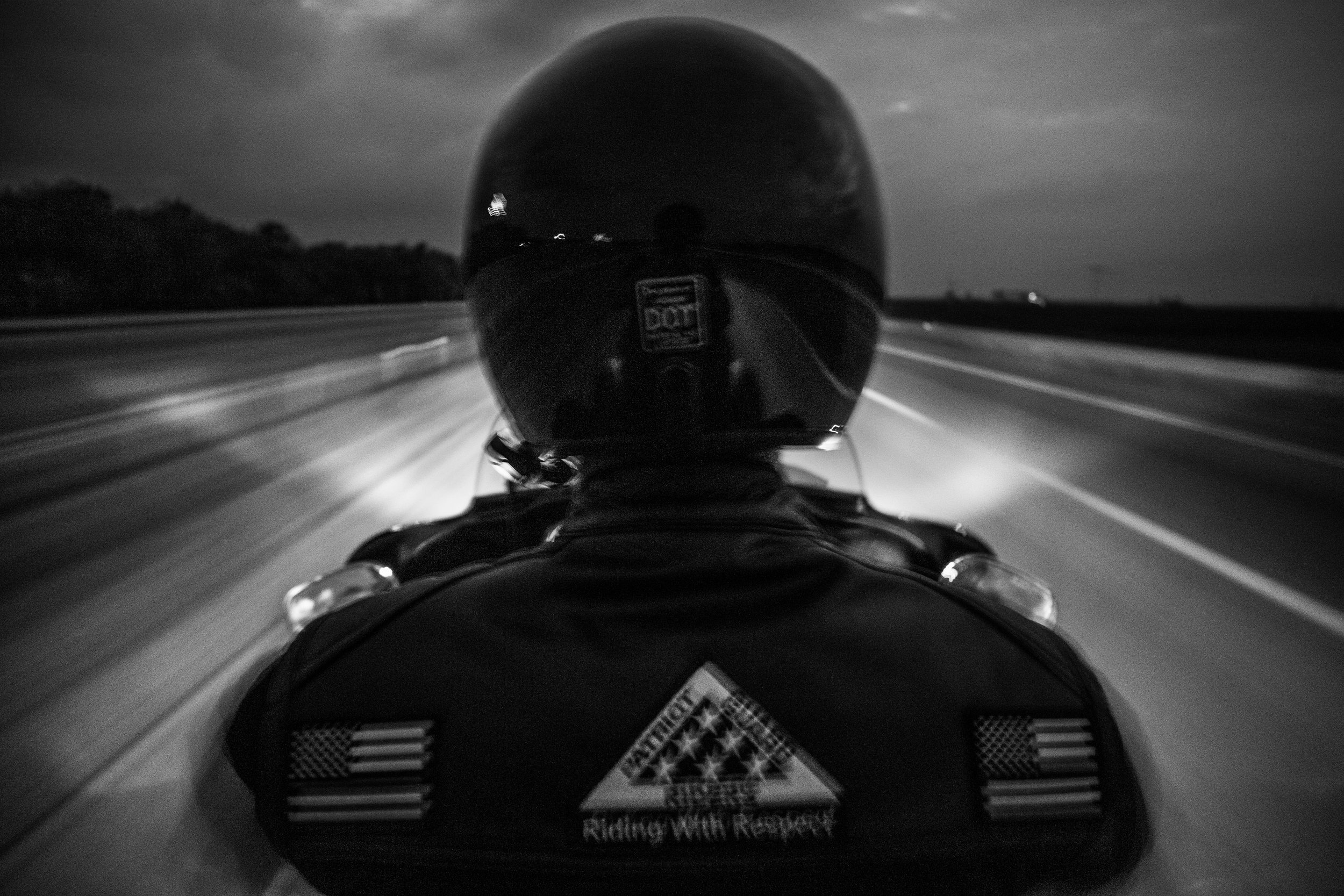  Patriot Guard Rider, Chris Krause, 32, rides his Harley Davidson motorcycle on Interstate 70 from Kingdom City to Columbia, Missouri for the 58th Honor Flight on Tuesday, Jun. 18, 2019. This was Krause's first honor flight ride, which featured 256 m