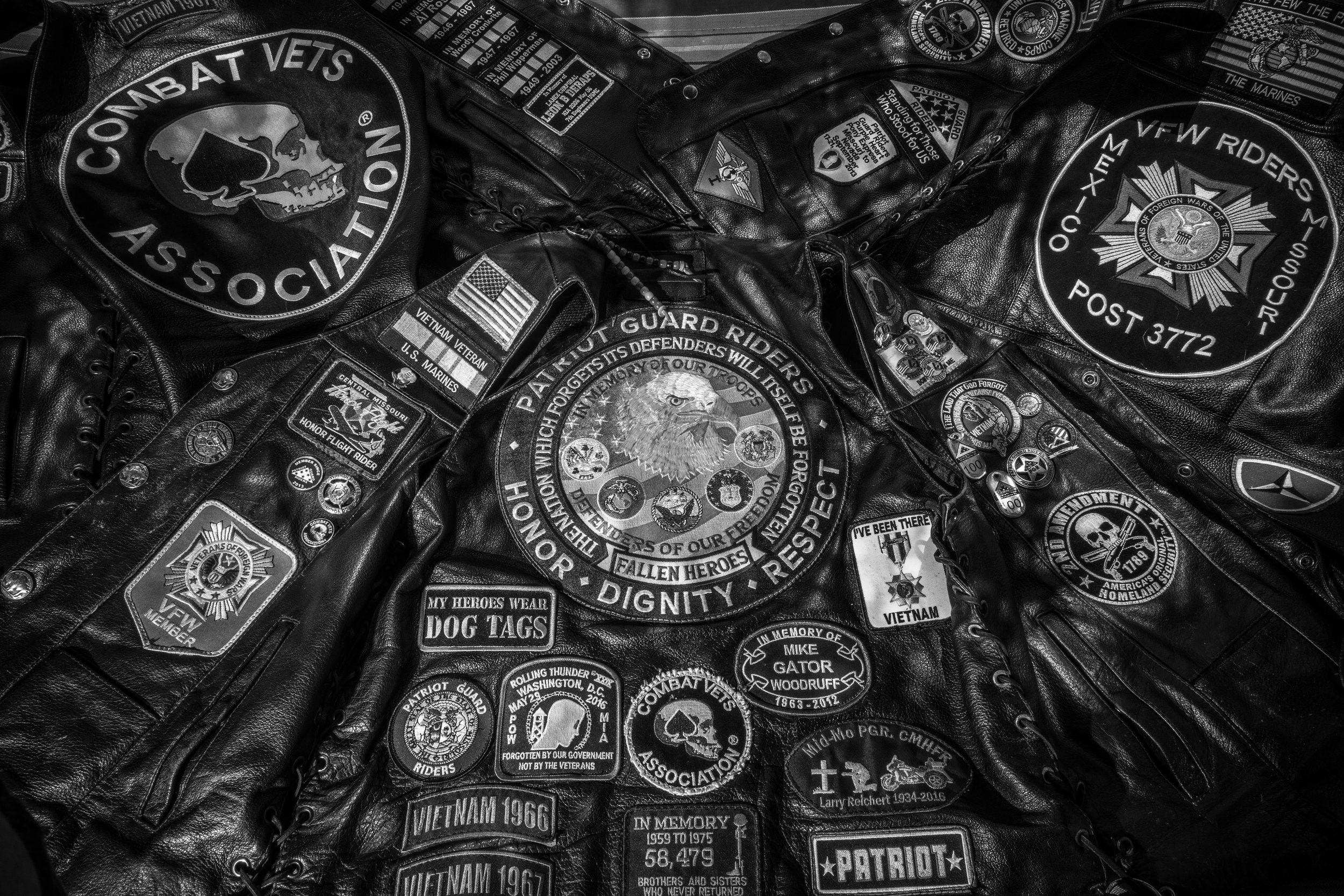  Bill Weldon's motorcycle vests as seen on Thursday, Jun. 20, 2019. Weldon belongs to several veteran focused motorcycle organizations and serves as a Senior Ride Captain for the Patriot Guard Riders. The Patriot Guard is known for motorcycle escorts