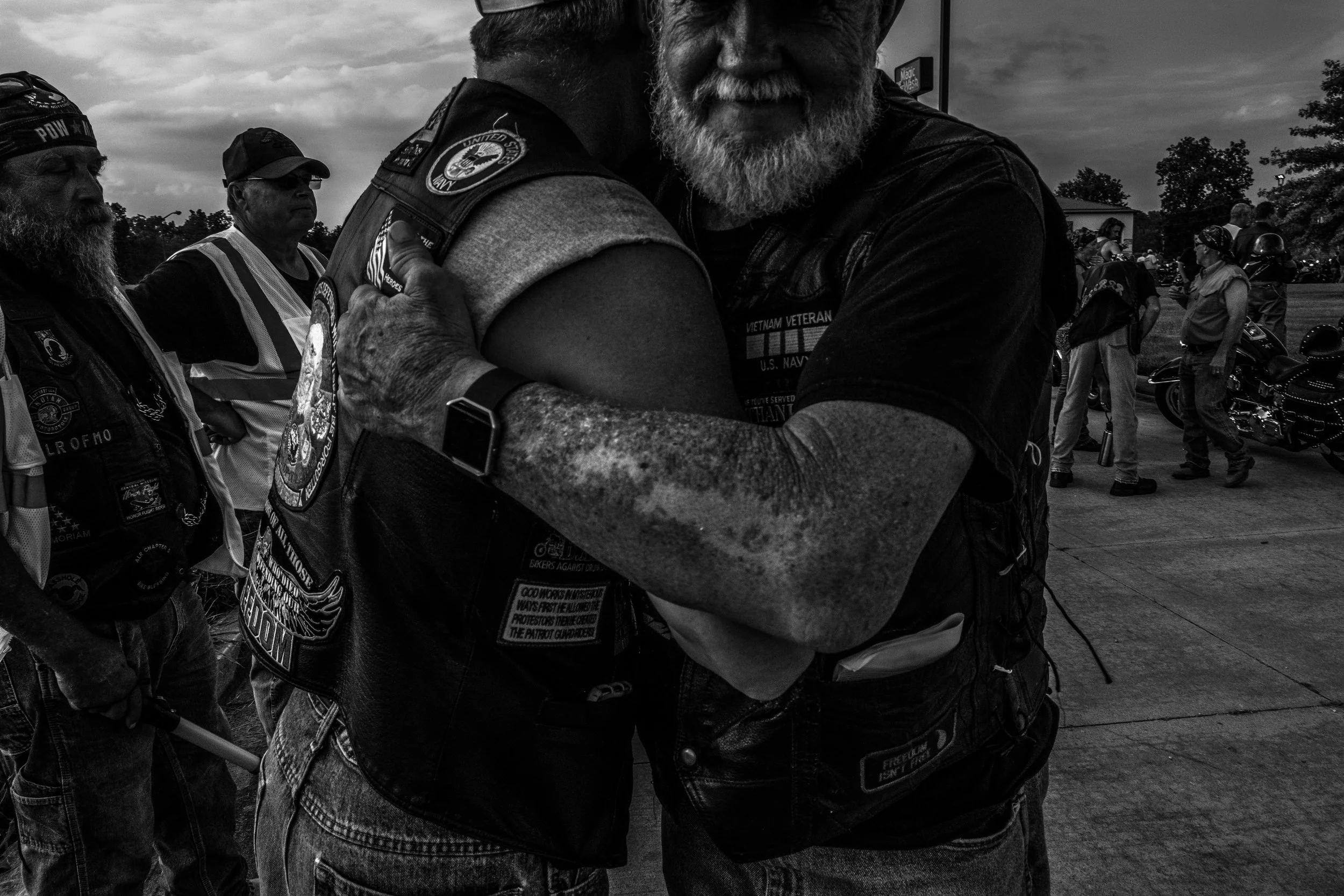 Patriot Guard Riders welcome each other to Honor Flight 58 in Kingdom City, Missouri on Tuesday, Jun. 18, 2019. This Honor Flight ride featured 256 motorcycles for the 26 mile escort to the Marriott Hotel in Columbia, Missouri.