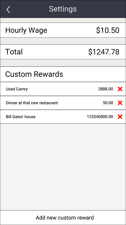 Settings menu with example custom rewards shown.