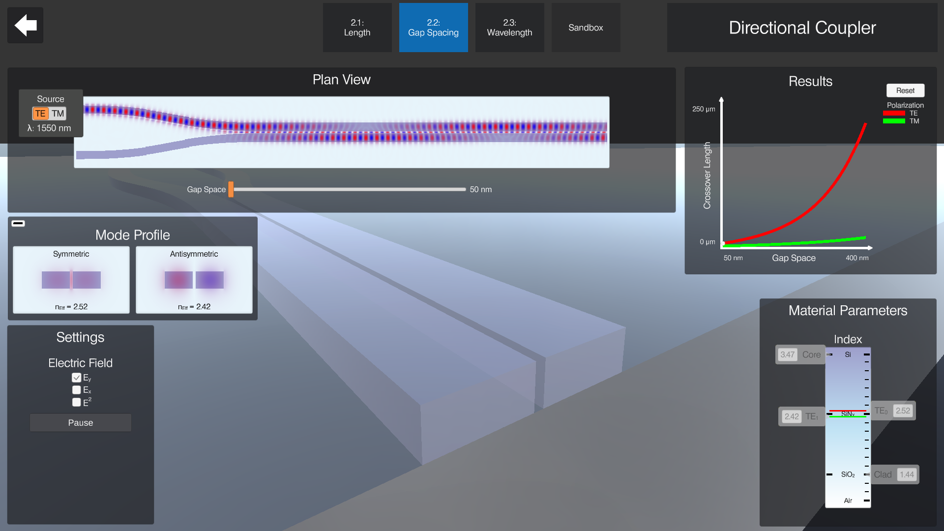 This simulation introduces a component called a directional coupler which illustrates how light can oscillate between two parallel waveguides. Users are able to alter different features of the component such as the gap spacing between the two waveguides and see how their change affects this behavior.
