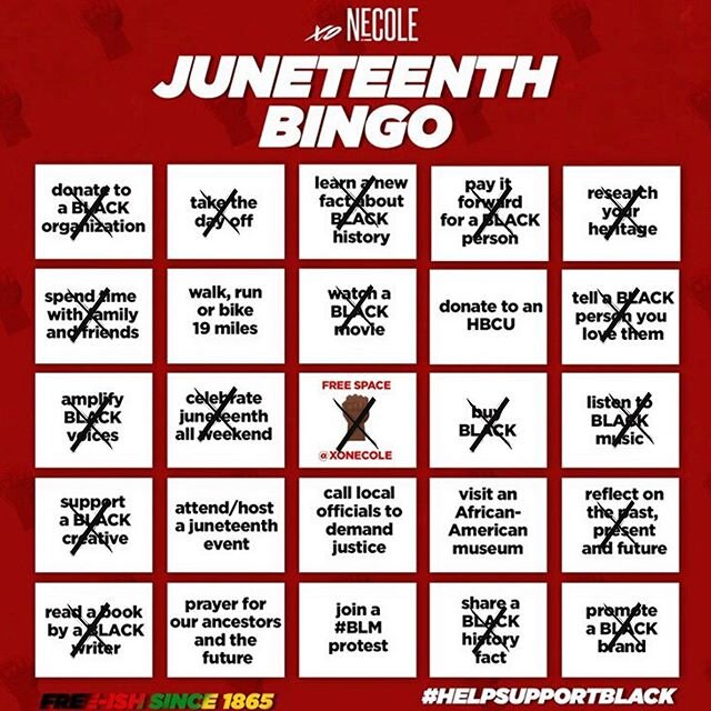 I loved celebrating Juneteenth alll weekend! It was so fun, relaxing, educational, entertaining and inspirational. We scored a few Bingos on @xonecole&rsquo;s Bingo card.

Purchased from: 8 black-owned businesses. A post on these businesses is coming