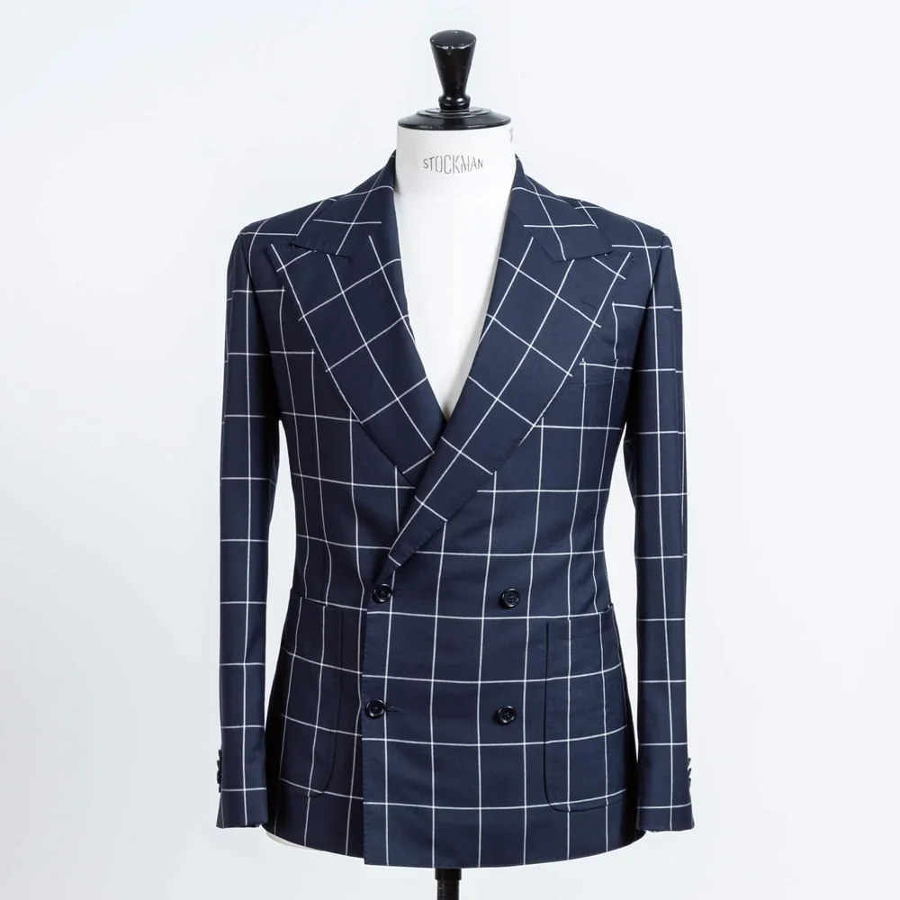 Navy windowpane double breasted wedding suit men with wide lapels Neapolitan style - bespoke groom suit