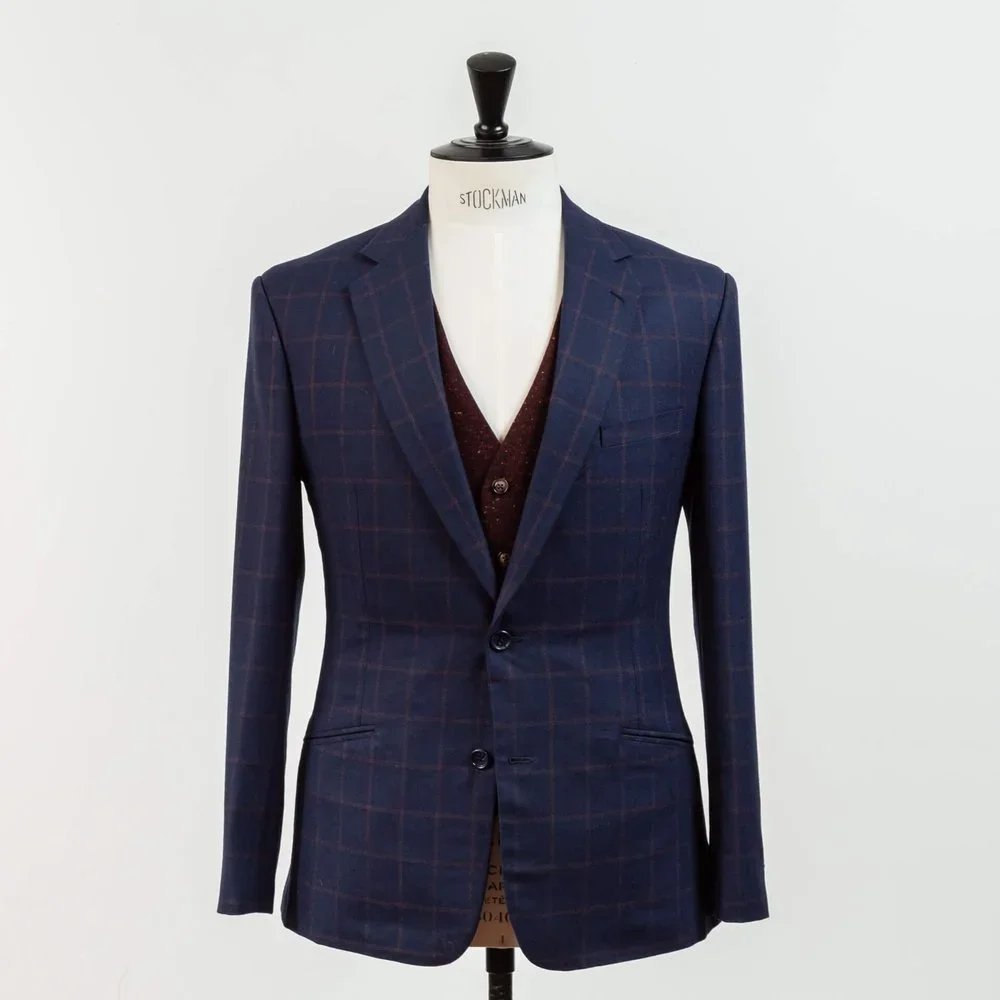 Blue wedding suit men with orange overcheck and burgundy Donegal tweed vest - unique bespoke groom suit