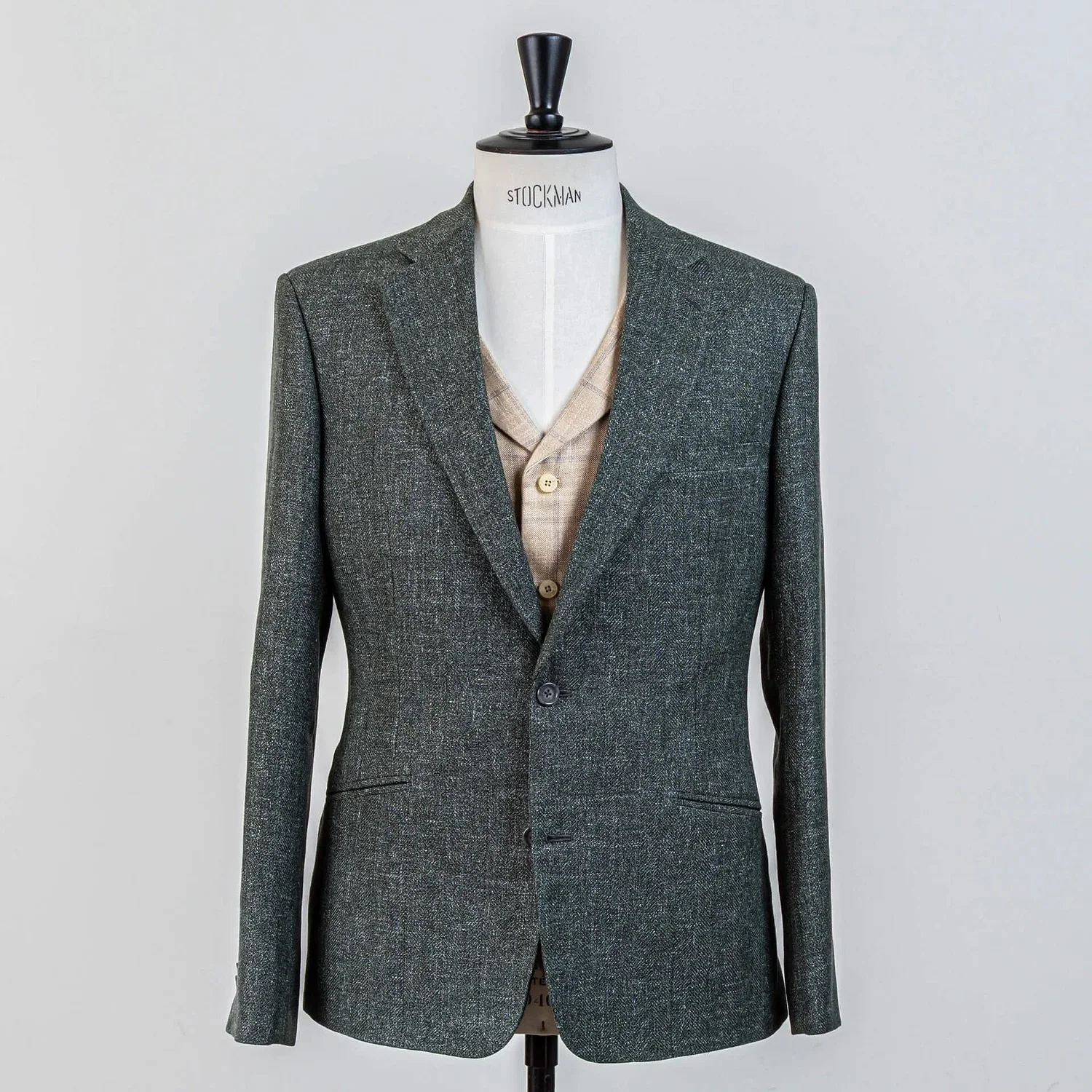 Grey-green linen wedding suit men three-piece with beige checked vest - summer wedding suit bespoke Amsterdam