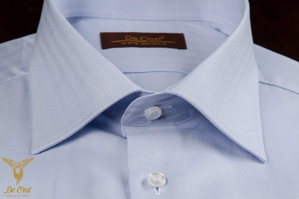 Blue Herringbone Dress Shirt With Double Cuffs