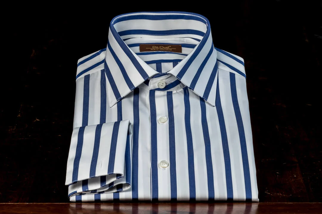 Overhemd Op Maat Heren Bespoke Poplin Wolf Of Wall Street Wit Marine Blauw Candy Stripe Dubbel Manchet 5.jpg