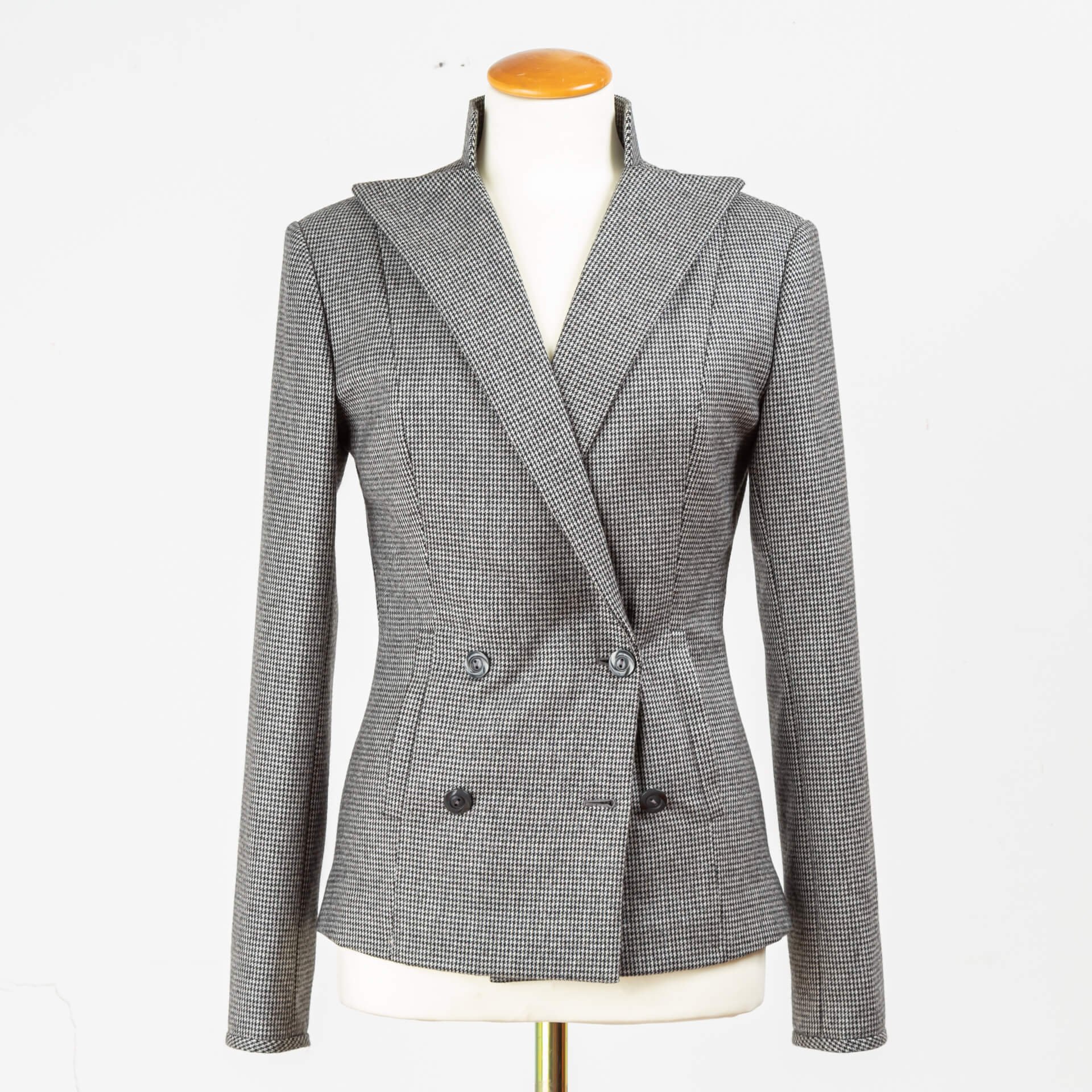 Blazer Double Breasted Stand-Up Collar Pied De Poule Houndstooth.