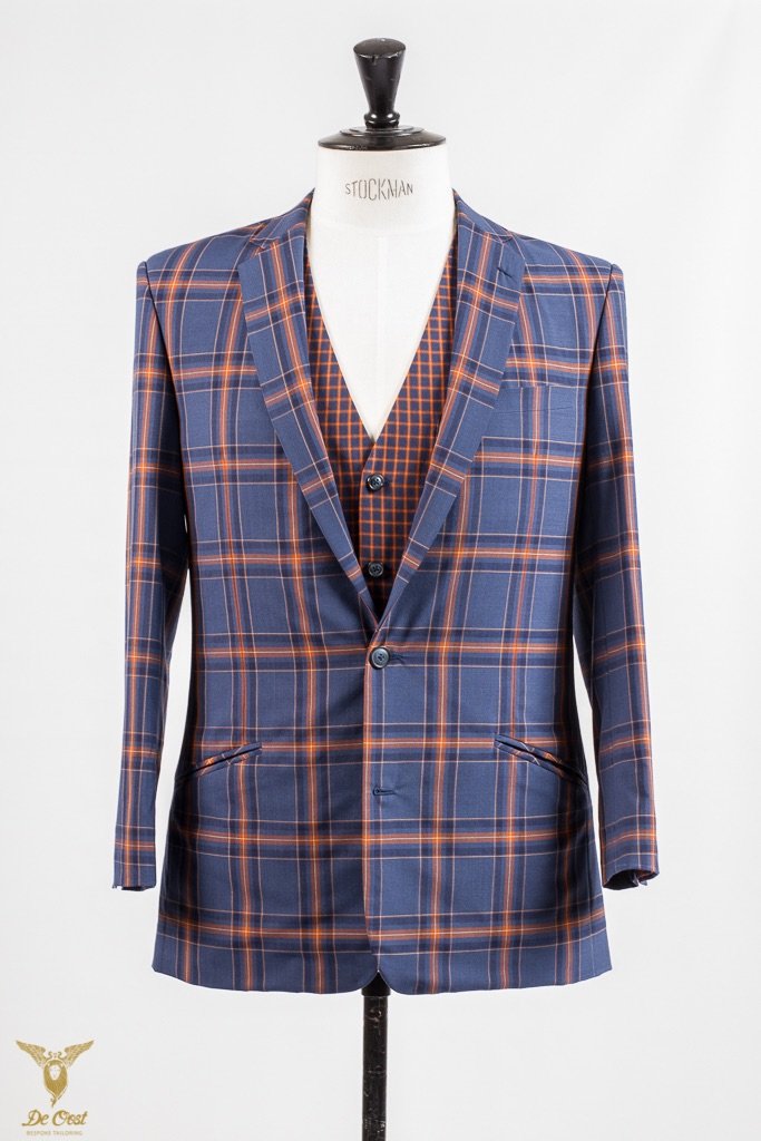 Wedding Suit 3-Piece Checked Orange Blue Jacket Business Casual