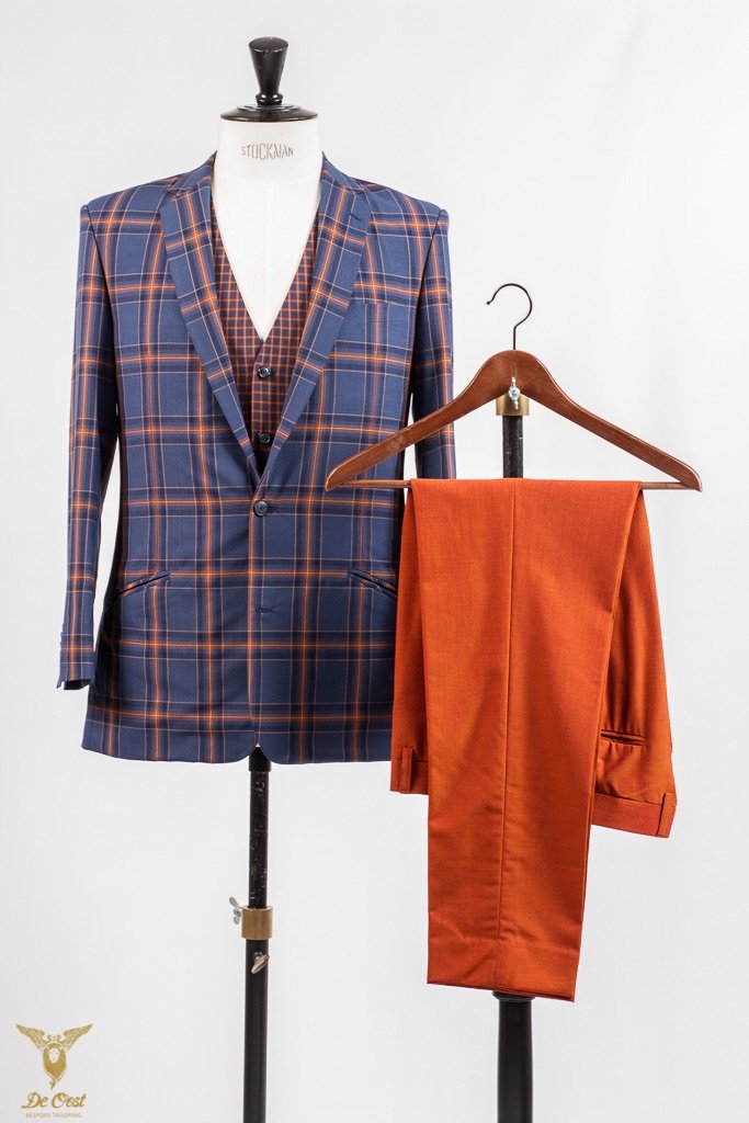 Wedding Suit 3-Piece Checked Orange Blue