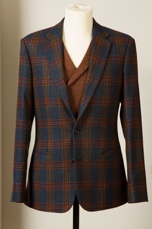 Bespoke Blazer Jacket Wool Cashmere Blue Brown Mock Glen Plaid