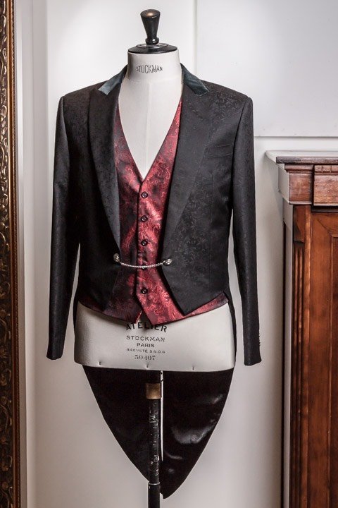 Tailcoat Vintage Style Black Floral Patern With Matching Satin Waistcoat With Laced Fastening