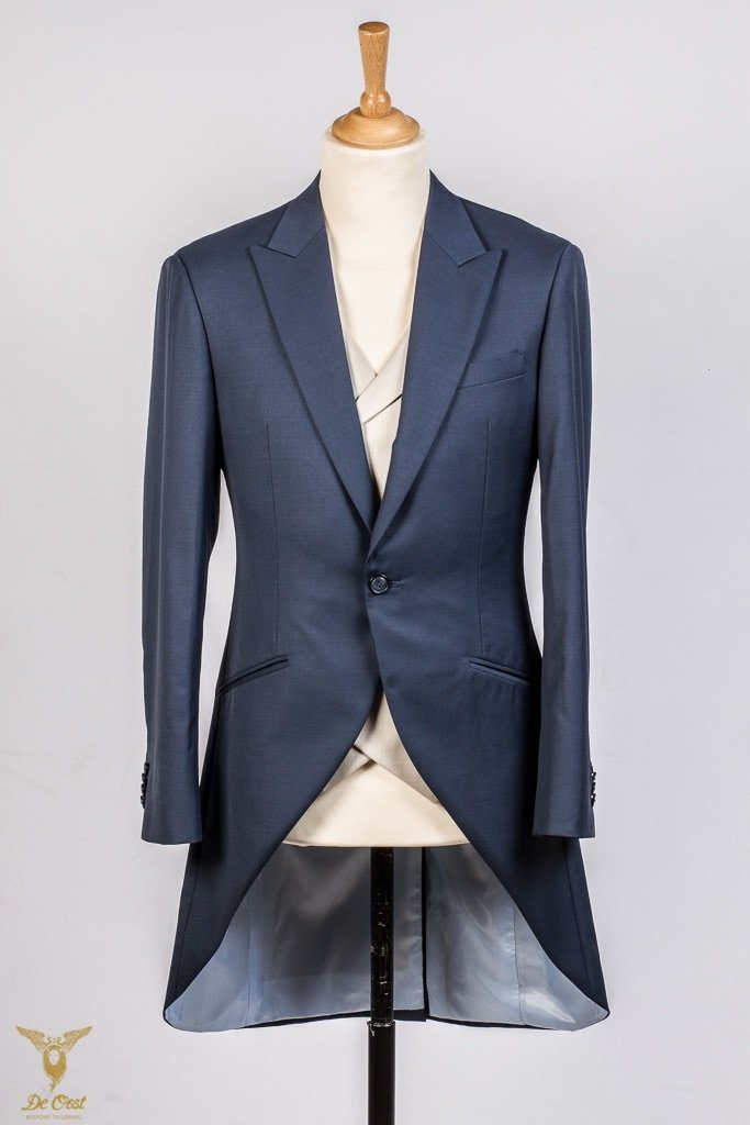 Frock Coat Royal Blue Grey Trousers Waistcoat Herringbone Double Breasted Hand Made