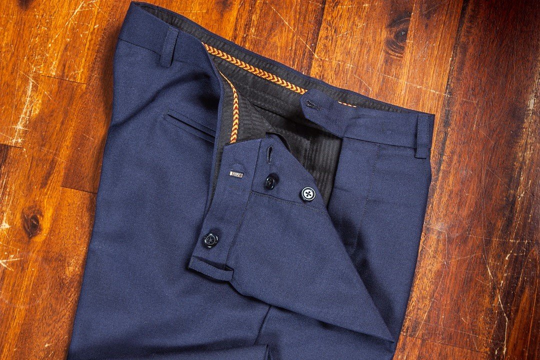 Bespoke Hand Tailored Navy Blue Trousers With Frog mouth Pockets And Button Closing