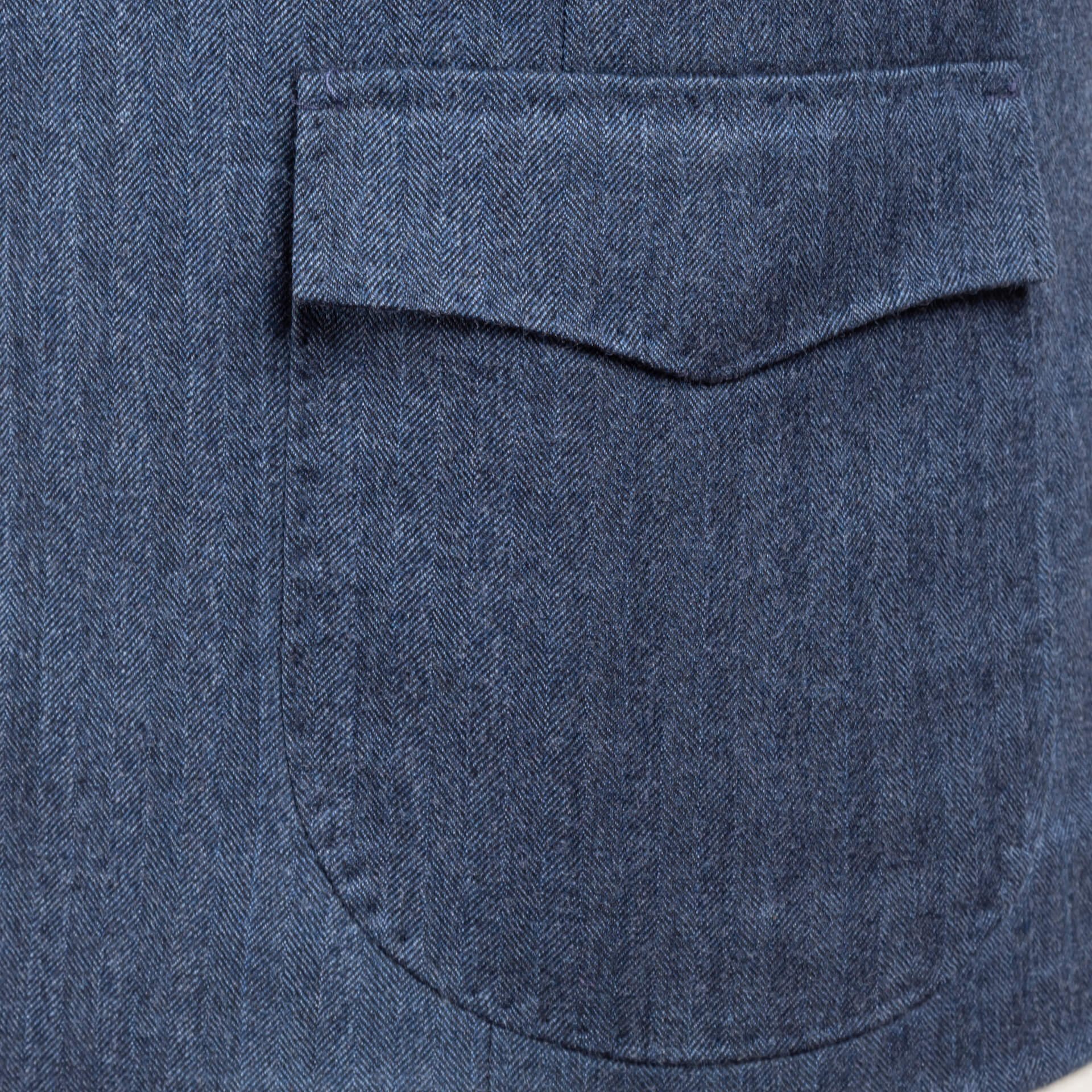 Waistcoat Denim Blue Herringbone With  Lapel And Patch Pockets