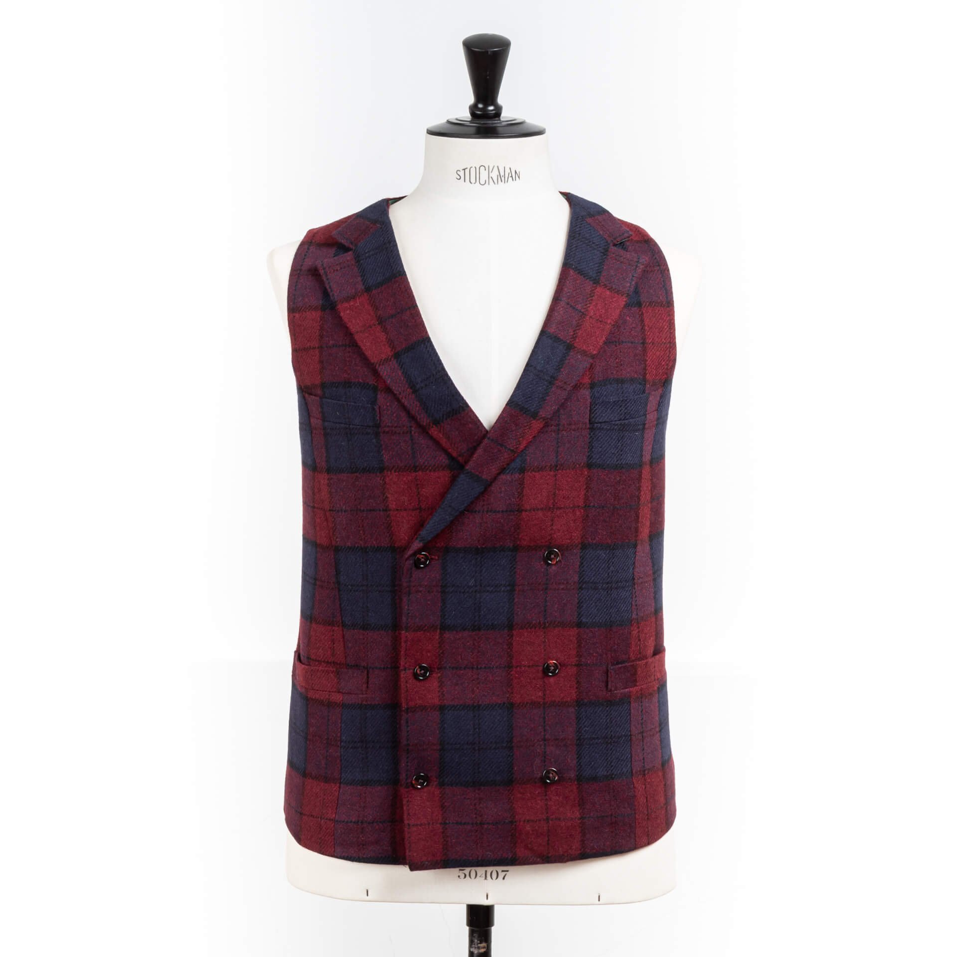 Waistcoat Double Breasted Notch Lapel Tweed Red Blue Overcheck Straight Bottom Fabric Back