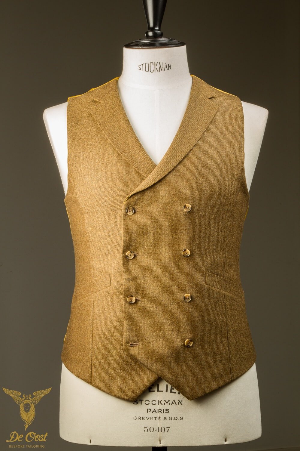 Hand Made Bespoke Yellow Ochre Tweed Double Breasted Waistcoat With Notch Lapel 6.jpg