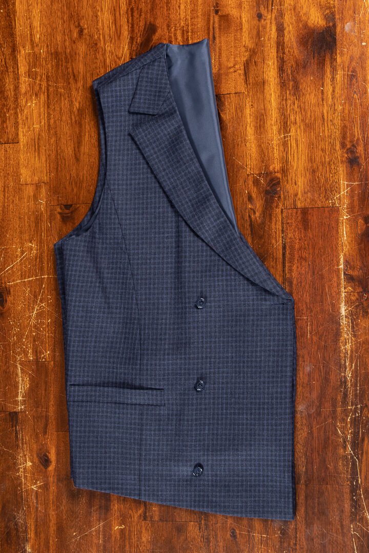 Bespoke Travelling Double Breasted Waistcoat Crease Free Navy Shadow Block Plaid Dutch Design