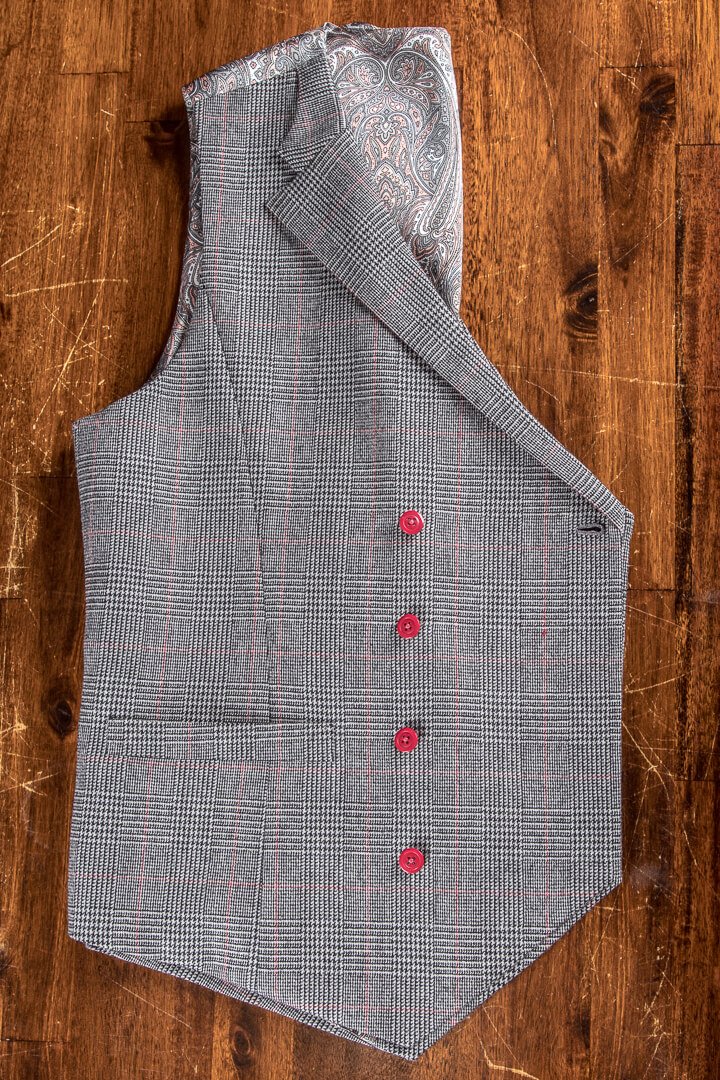Waistcoat Double Breasted Glen Check With Paisley Lining Red Buttons Notch Lapel Vintage 1920