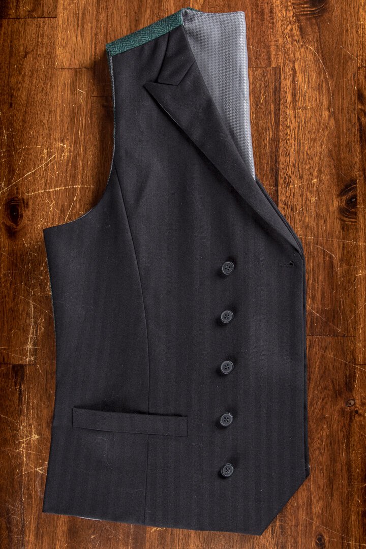 Black Herringbone Waistcoat With Tweed Back Dark Green Peak Lapel Full Canvas