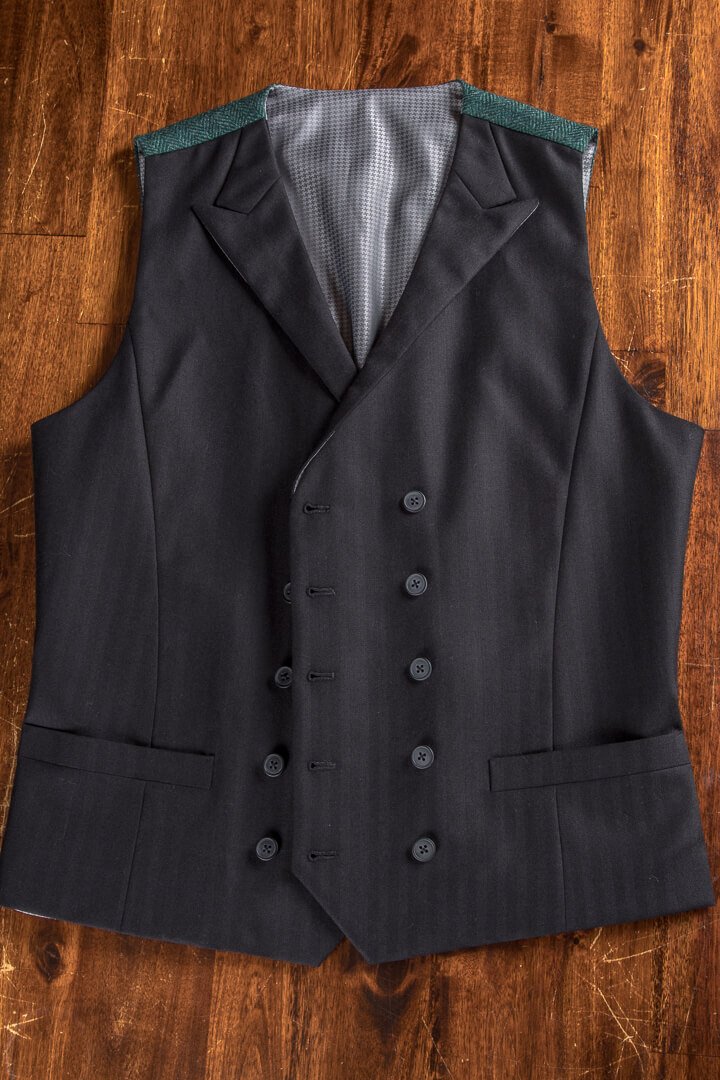 Black Herringbone Waistcoat With Tweed Back Dark Green Peak Lapel Full Canvas