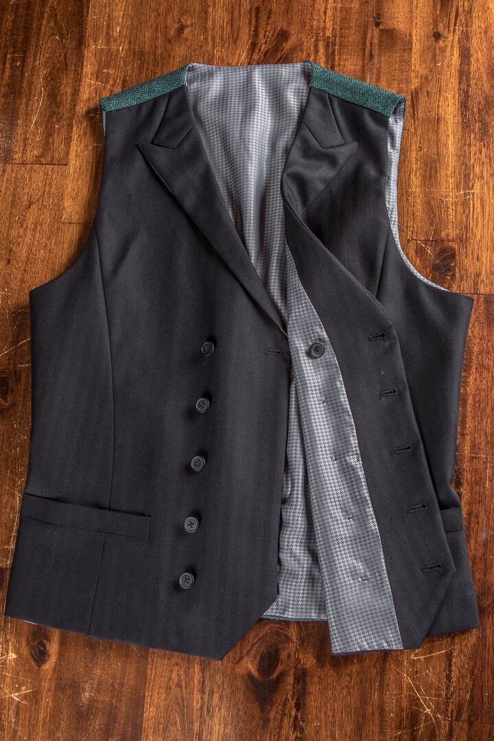 Black Herringbone Waistcoat With Tweed Back Dark Green Peak Lapel Full Canvas