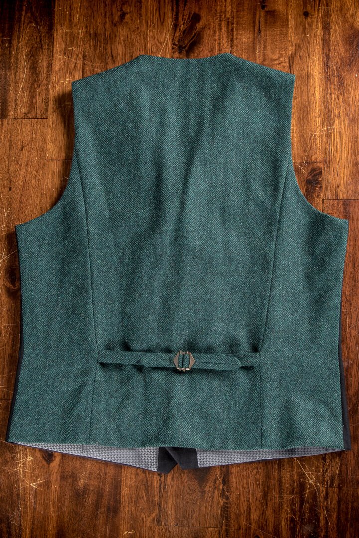 Black Herringbone Waistcoat With Tweed Back Dark Green Peak Lapel Full Canvas