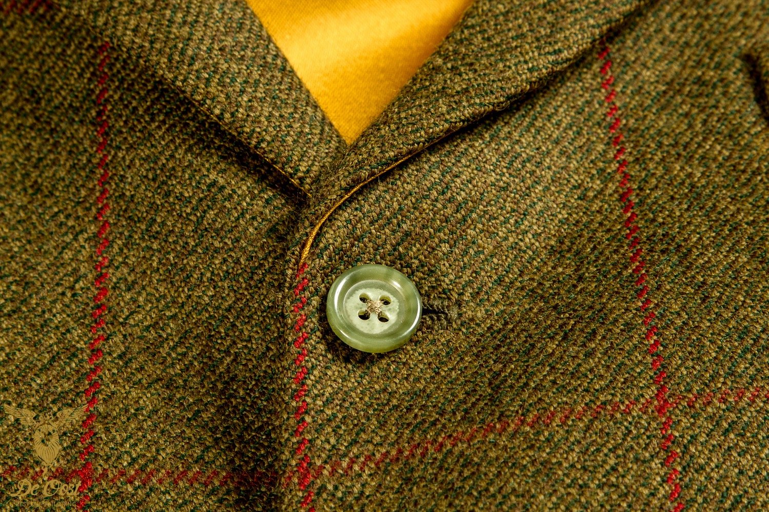 Hand Made Waistcoat In Tweed Fern Twill Red Check And Yellow Lining