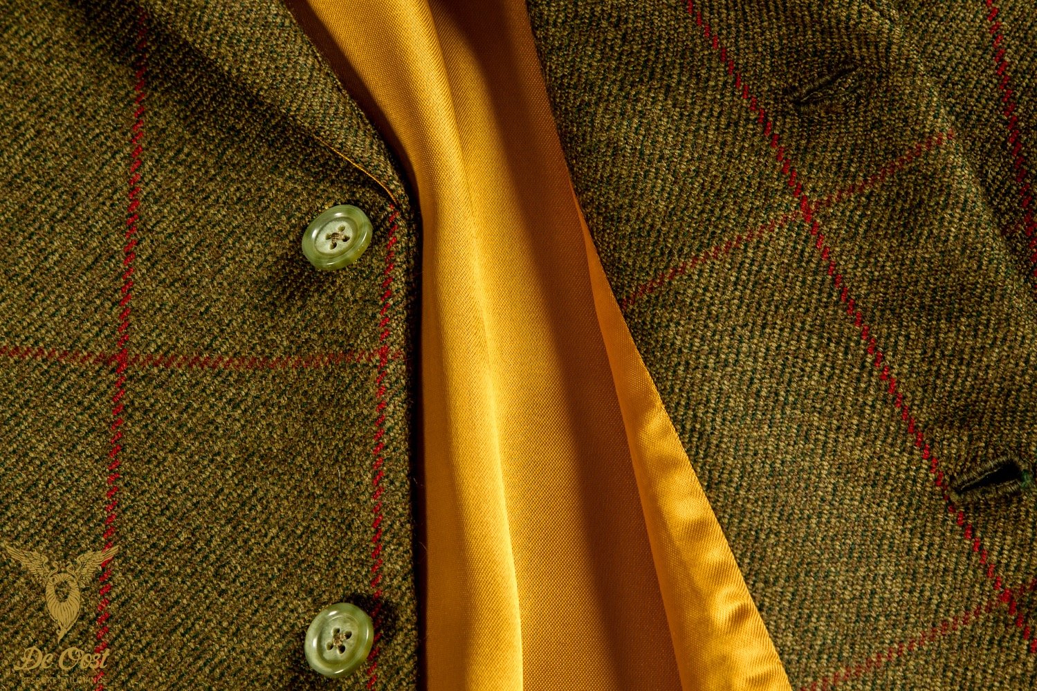 Hand Made Waistcoat In Tweed Fern Twill Red Check And Yellow Lining