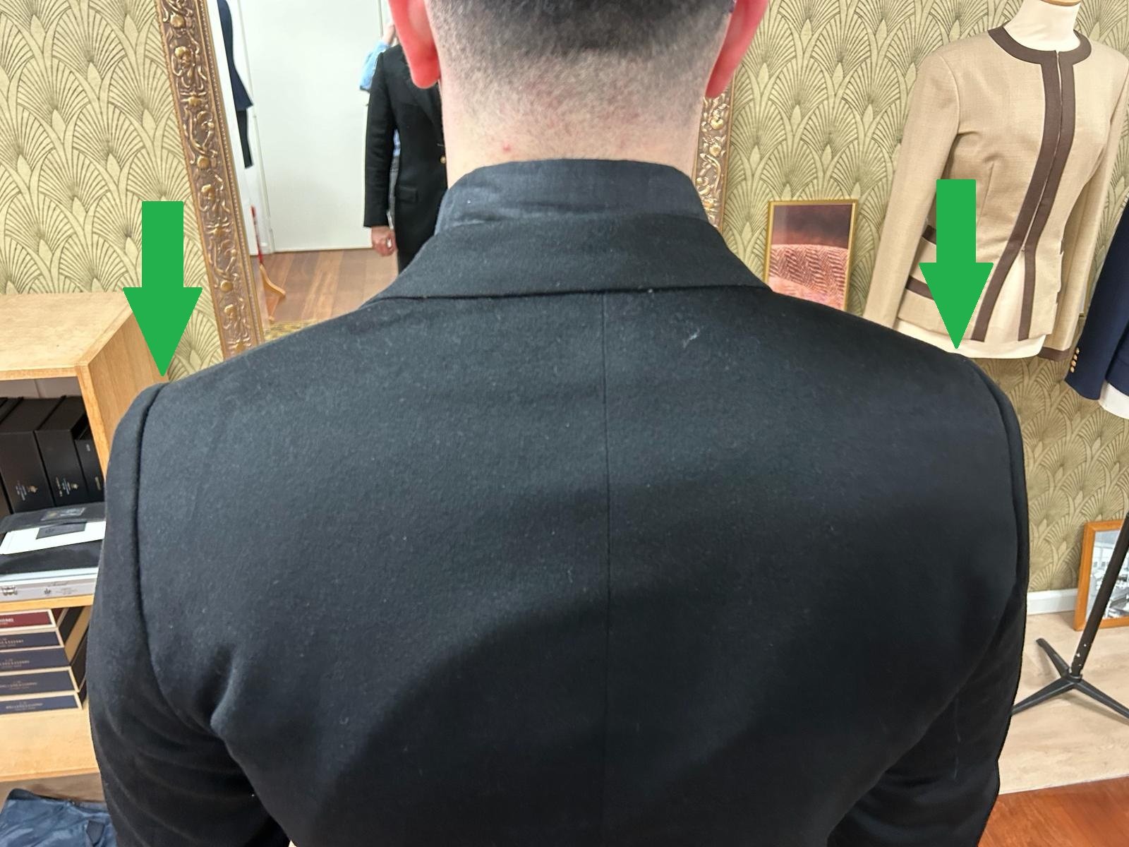 Shoulders (Suit) Jacket that are to broad and oversized after alterations, back view