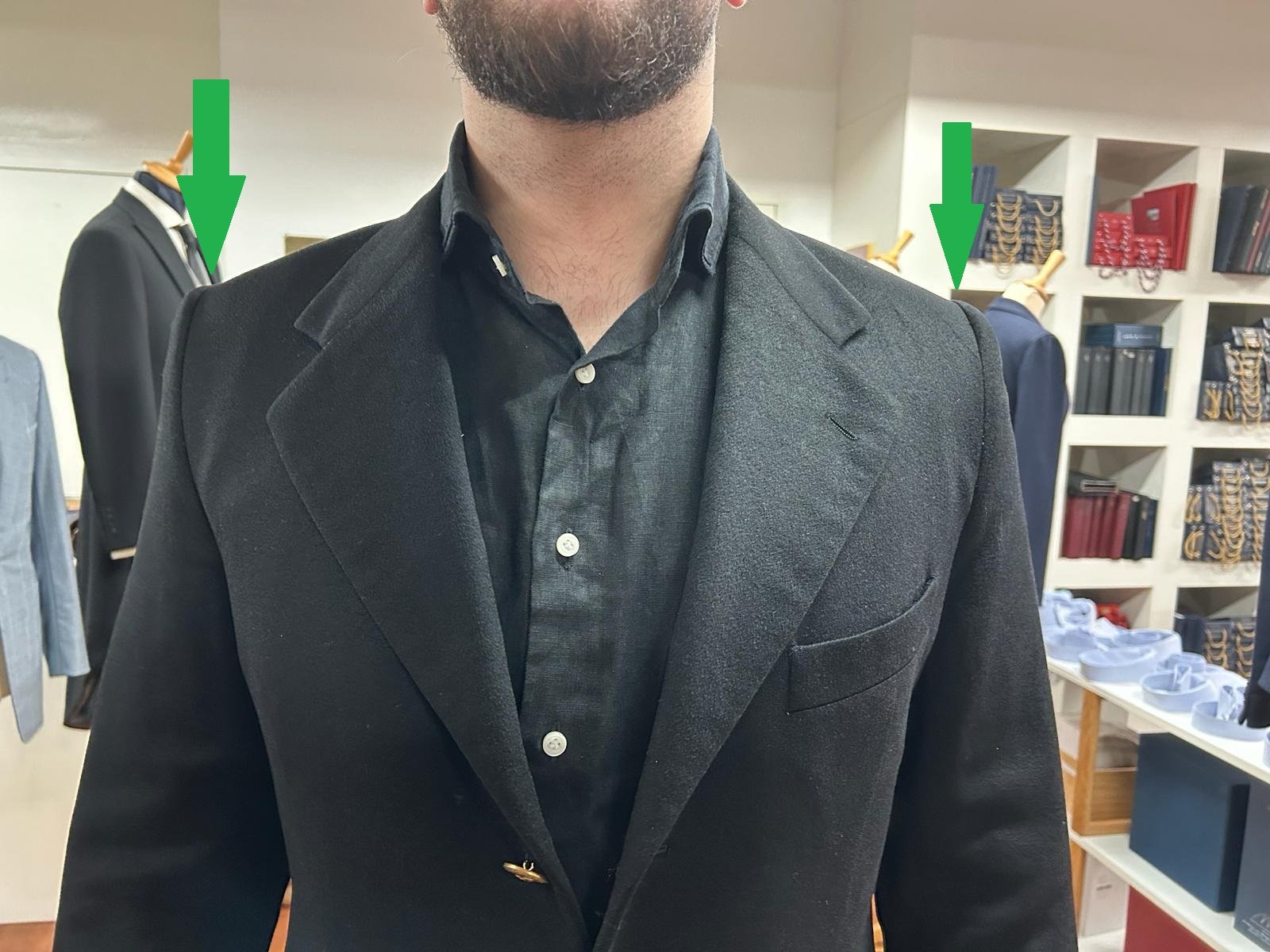 Shoulders (Suit) Jacket that are to broad and oversized after alterations, front view