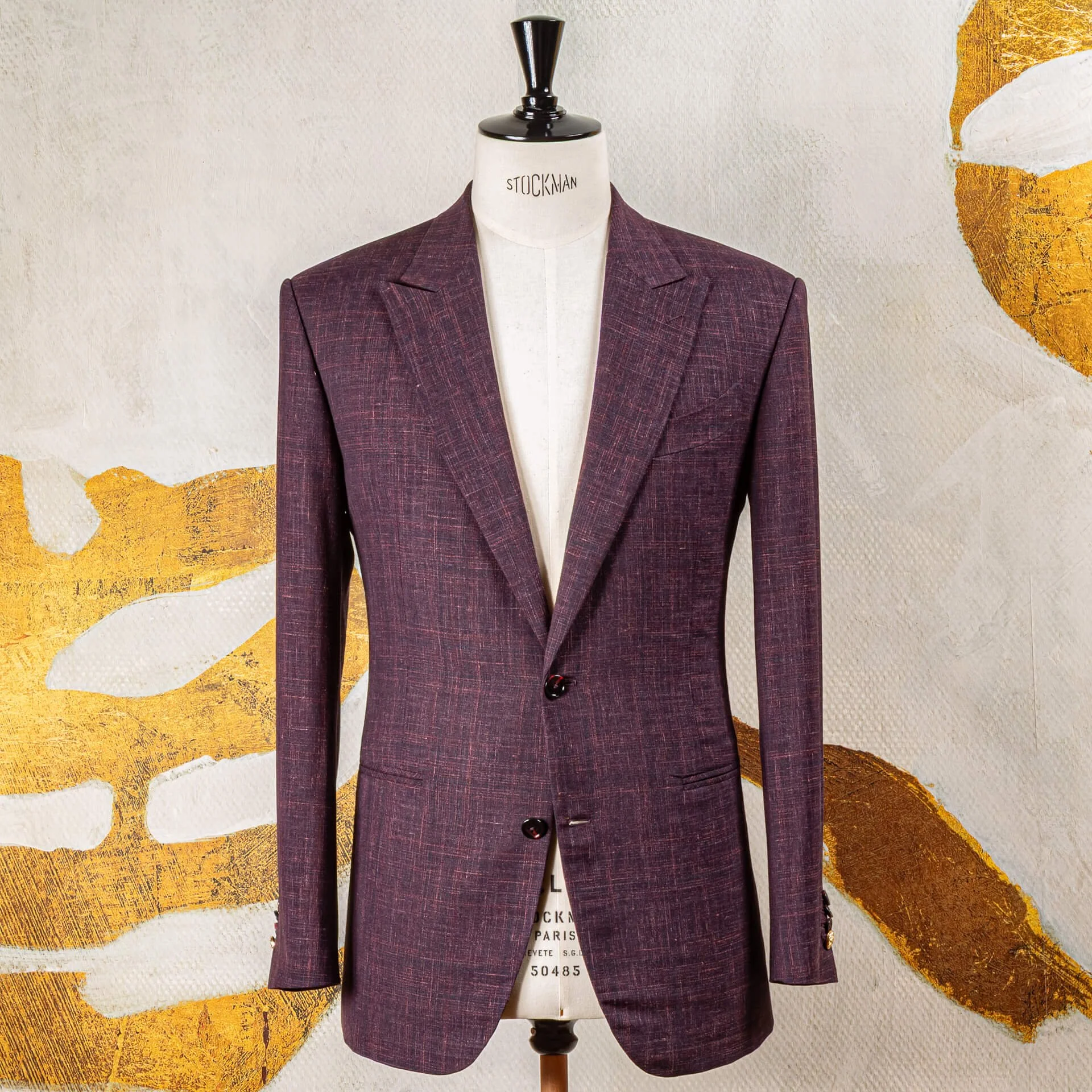 Purple-burgundy wedding suit in wool-linen-silk bespoke
