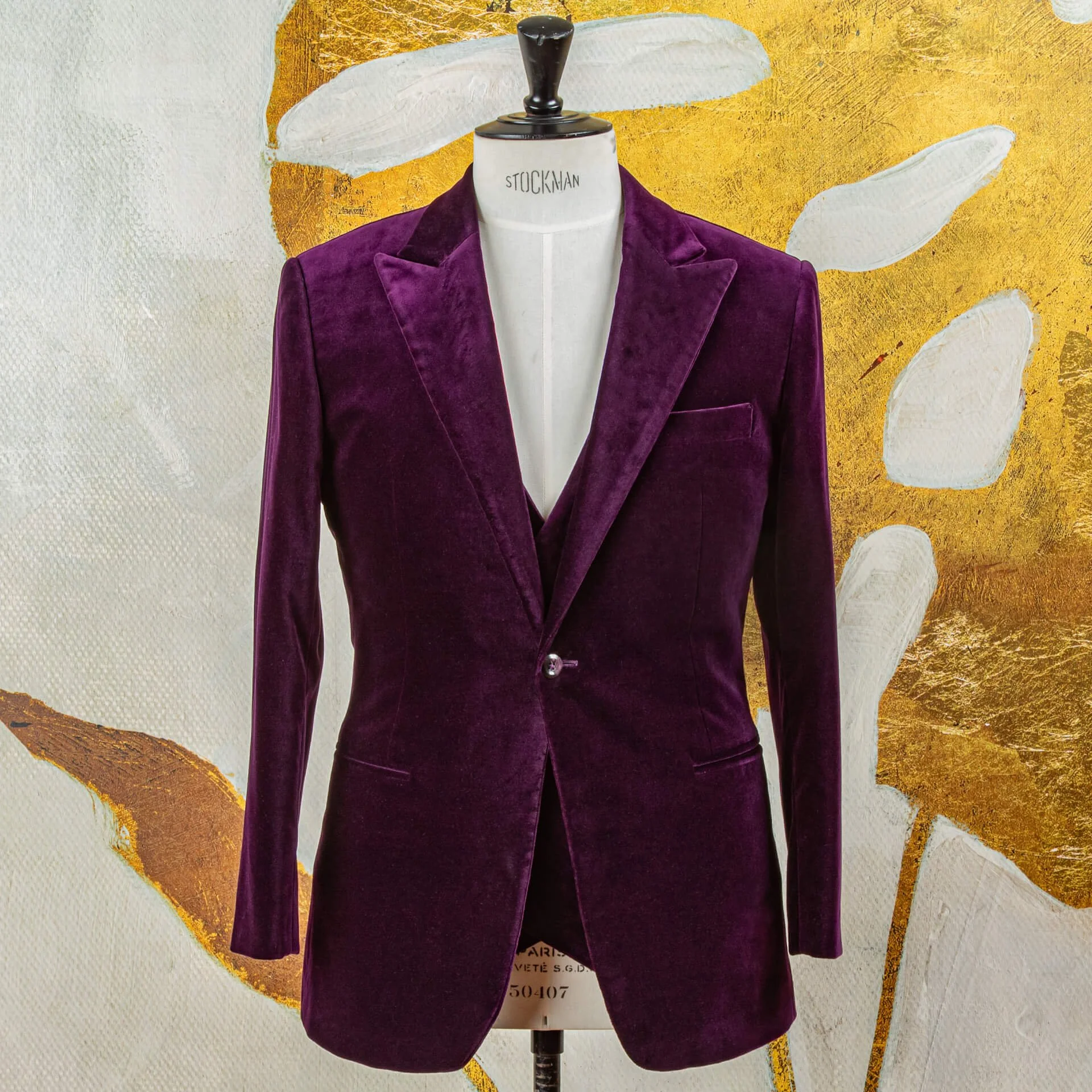 Purple velvet groom dinner jacket bespoke with peak lapels
