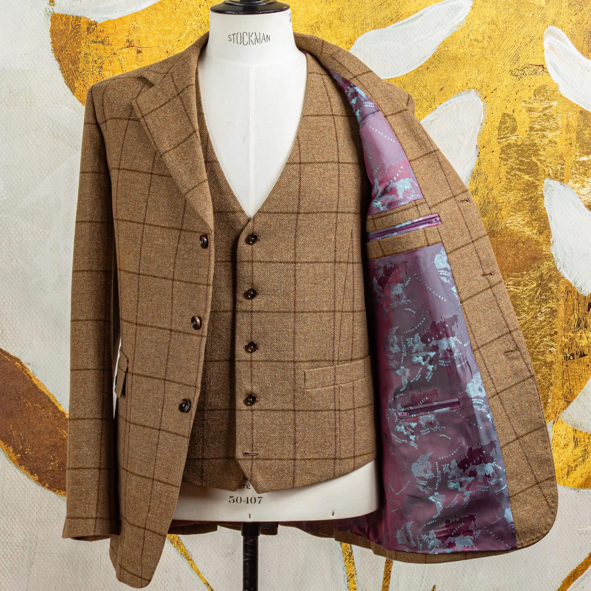 Brown checked three-piece wedding suit in English cloth