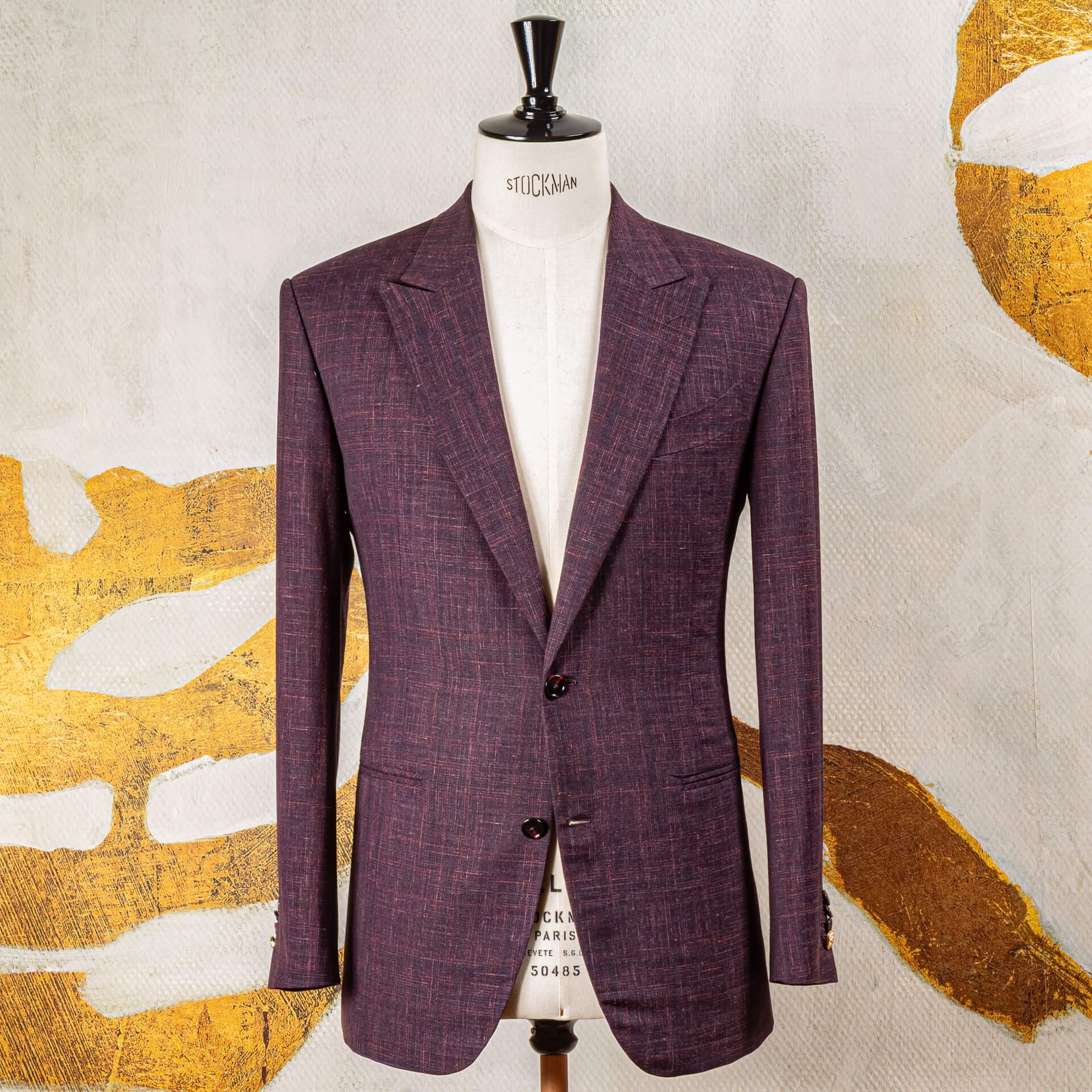 Purple-burgundy wedding suit in wool-linen-silk 