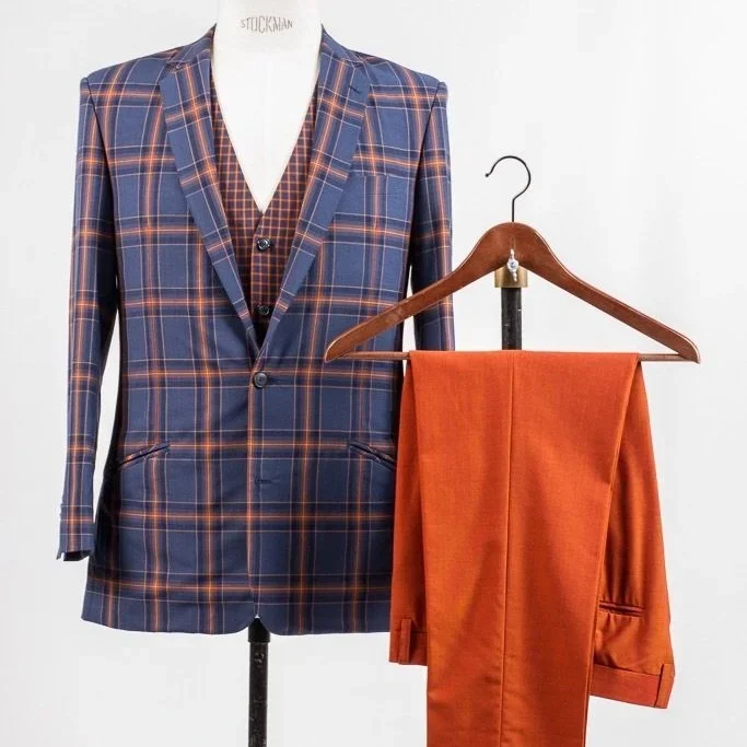 Blue-orange checked wedding suit men three-piece with orange trousers - bold bespoke groom suit Amsterdam
