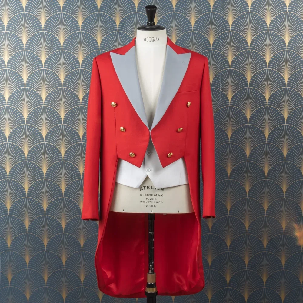 Red British tailcoat with gold buttons and grey lapels