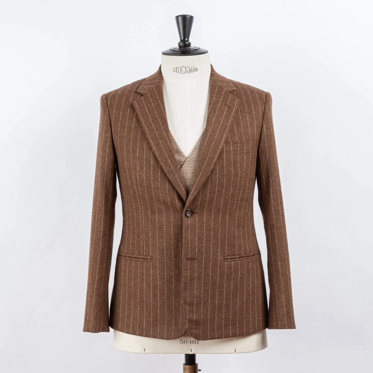 Brown pinstripe wedding suit men in flannel with beige houndstooth vest - classic bespoke groom suit