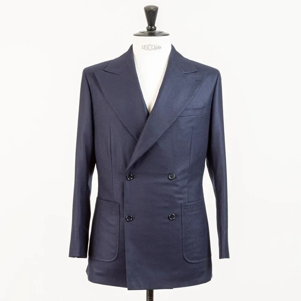 Navy double breasted wedding suit men in wool cashmere with spalla camicia shoulder - luxury bespoke groom suit